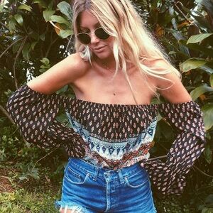 MISA Los Angeles Didi off the shoulder ethnic print blouse top